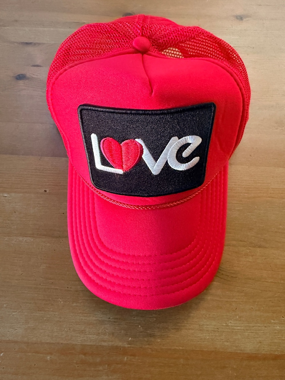 Port Sandz 'LOVE' trucker hat Red & Black Mesh snapback foam front high profile